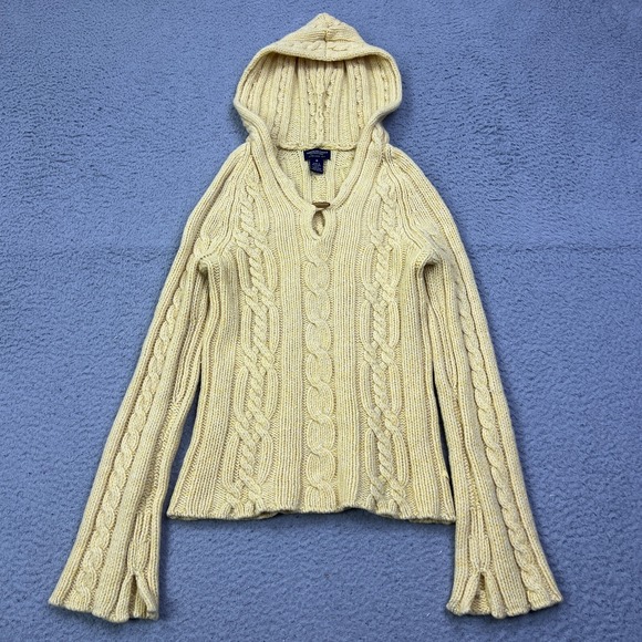 American Eagle Outfitters Sweaters - American Eagle Cable Sweater M Yellow 100% Lambs Wool Hooded Flare Sleeve 2000s